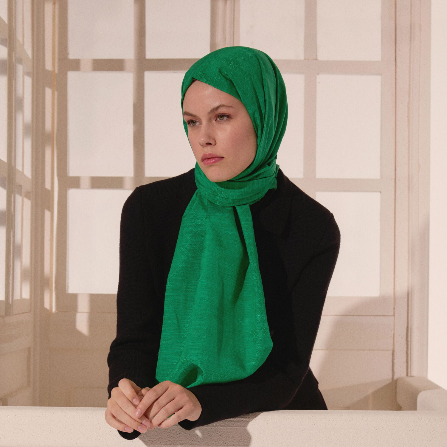 Emerald Green Monogram Pattern V Jacquard Cotton Silk Scarf - 4