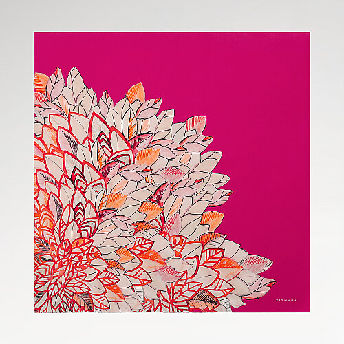 Fuchsia Floral Leaf Pattern Twill Silk Square Scarf