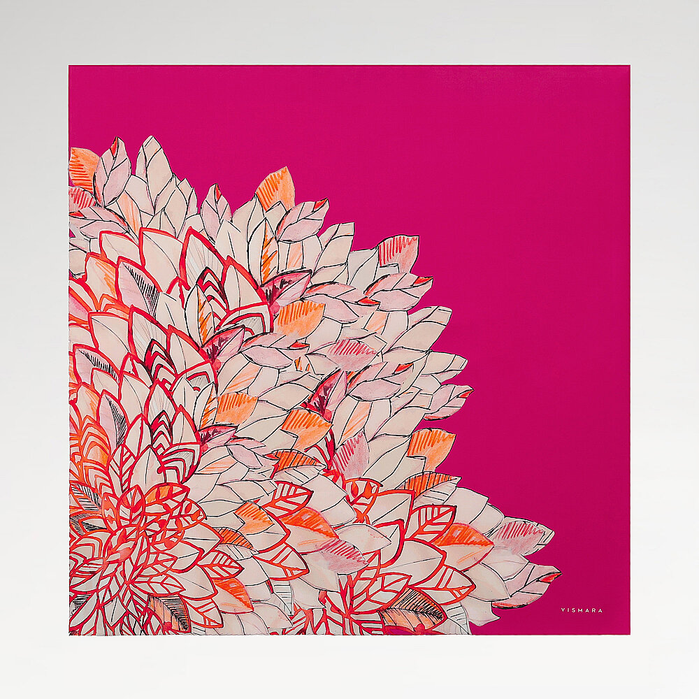 Fuchsia Floral Leaf Pattern Twill Silk Square Scarf - 1