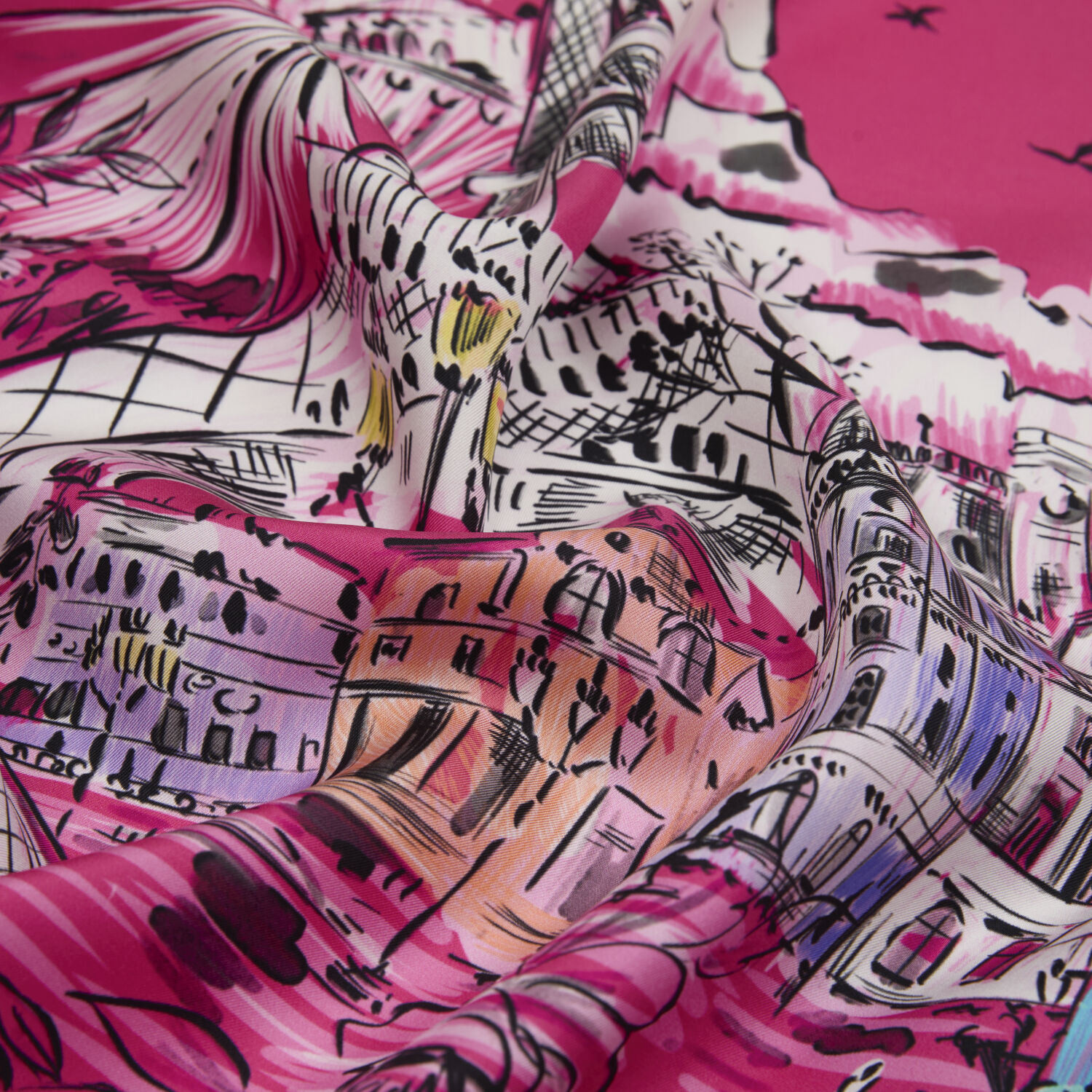 Fuchsia Parisien Patterned Twill Silk Square Scarf - 2