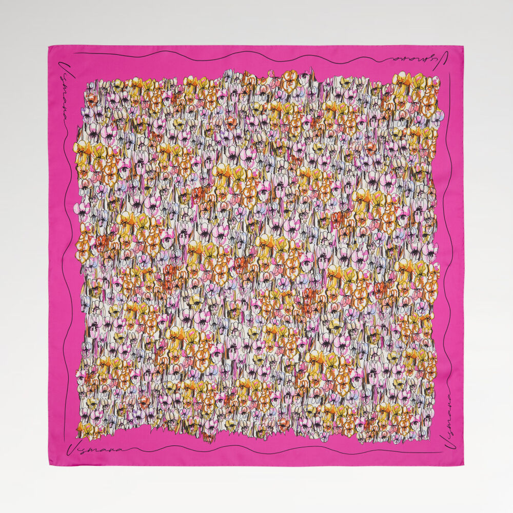 Fuchsia Spring Flower Patterned Twill Silk Square Scarf