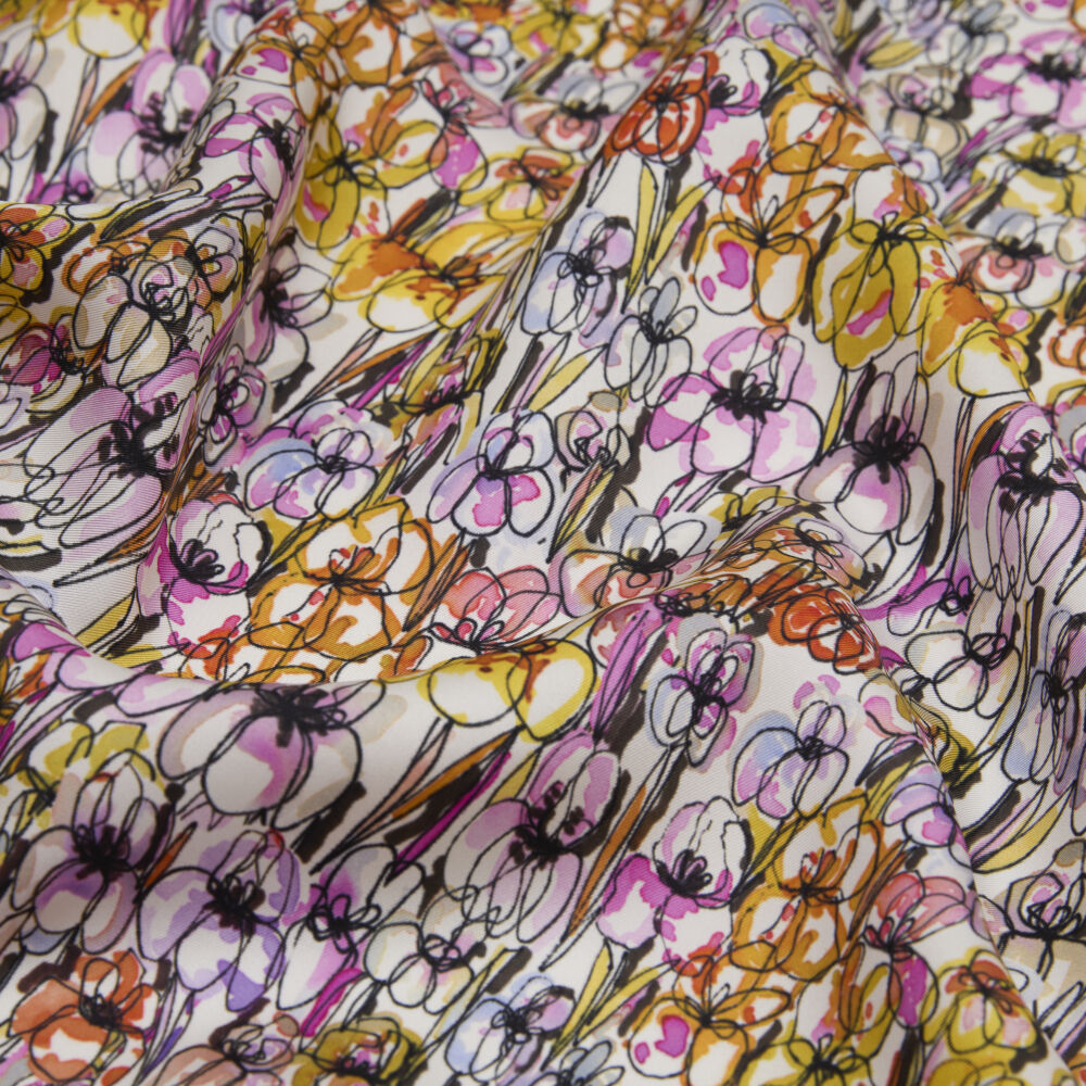 Fuchsia Spring Flower Patterned Twill Silk Square Scarf - Vismara