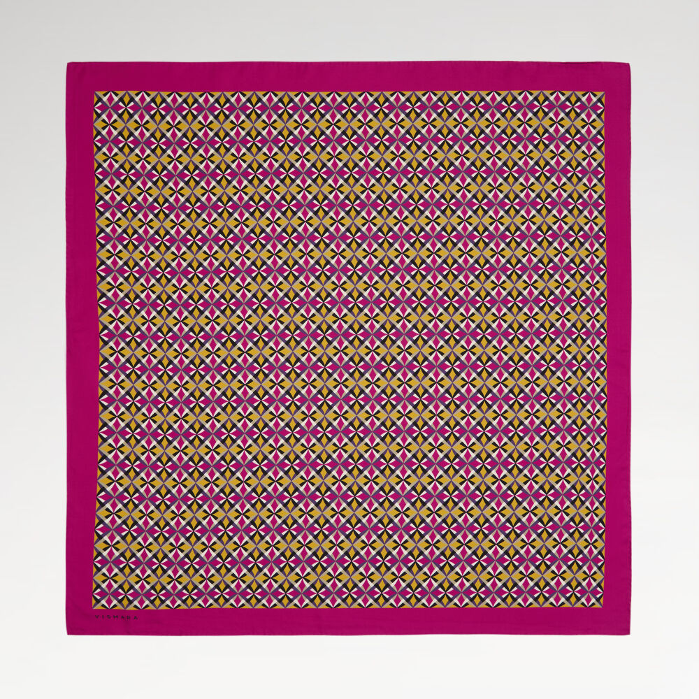 Fuşya Diamond Line Retro Desen Twill İpek Eşarp