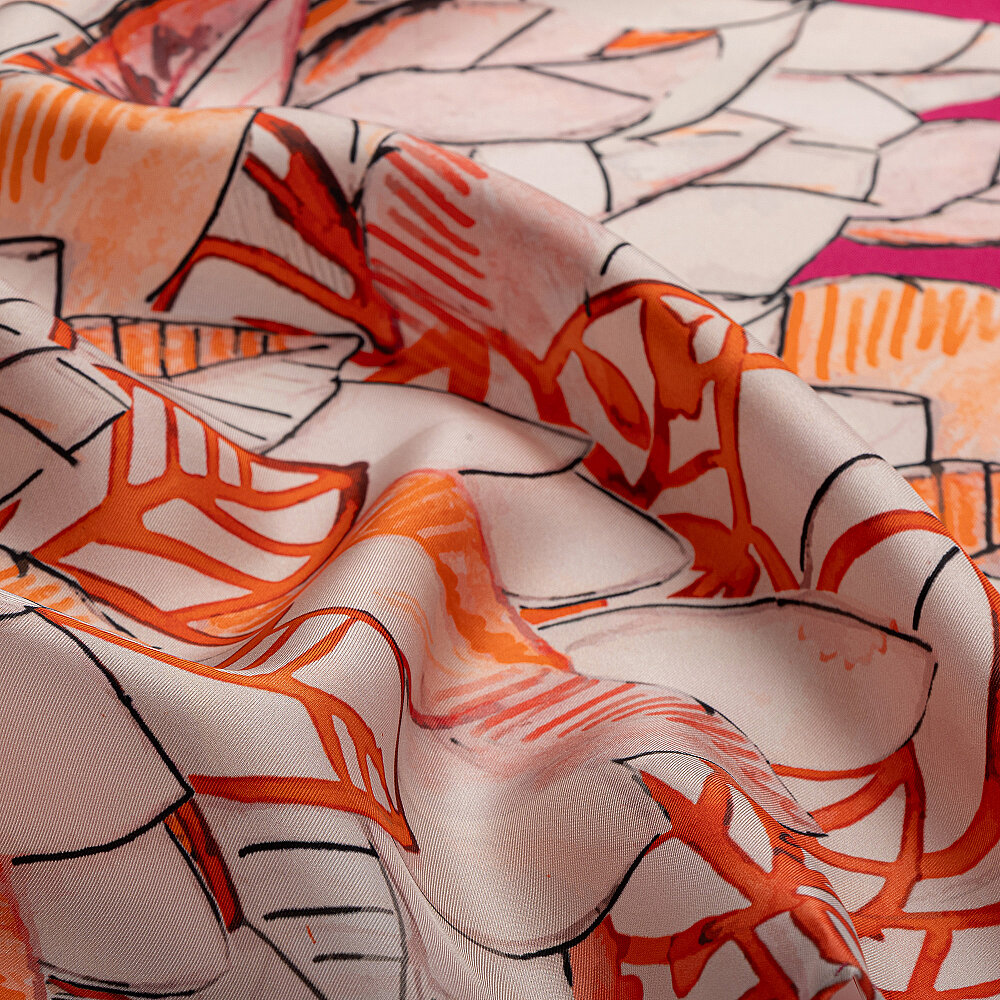 Fuşya Floral Yaprak Desenli Twill İpek Eşarp - 2