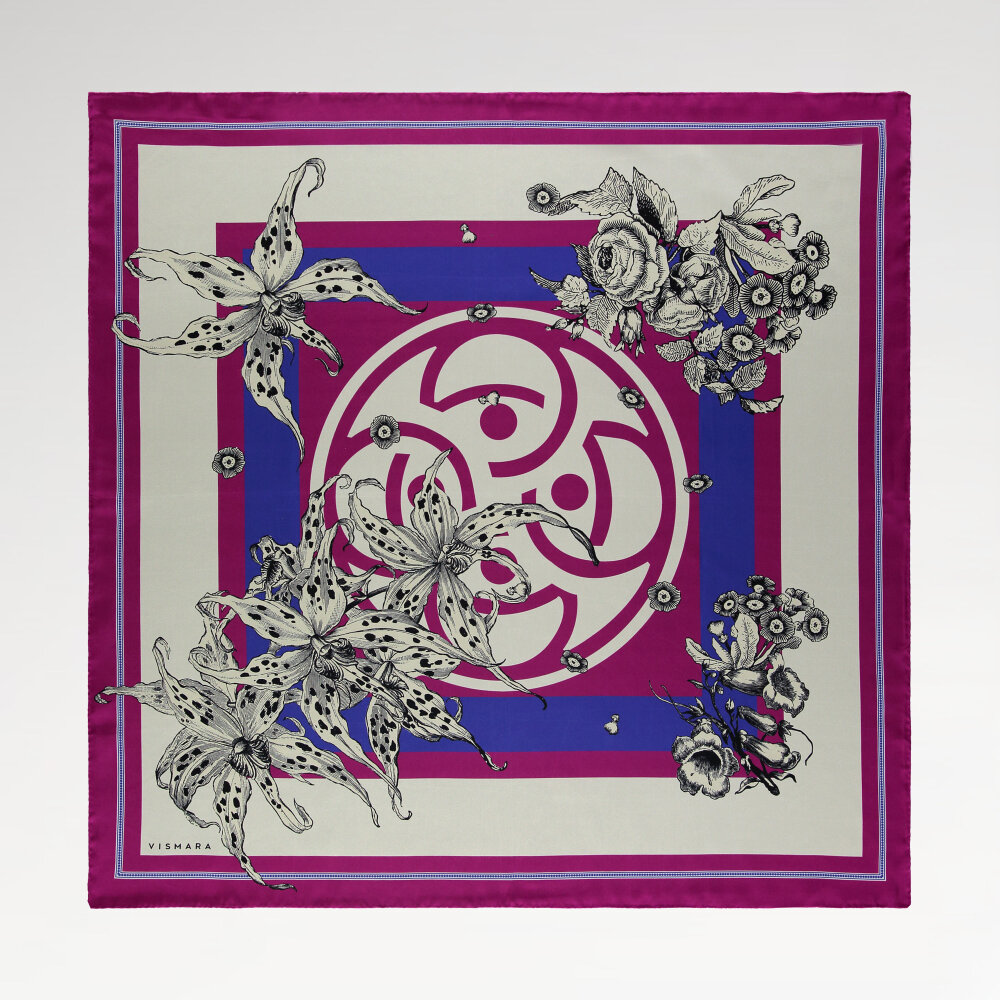 Fuşya Monogram Flora Desenli İpek Eşarp - 1