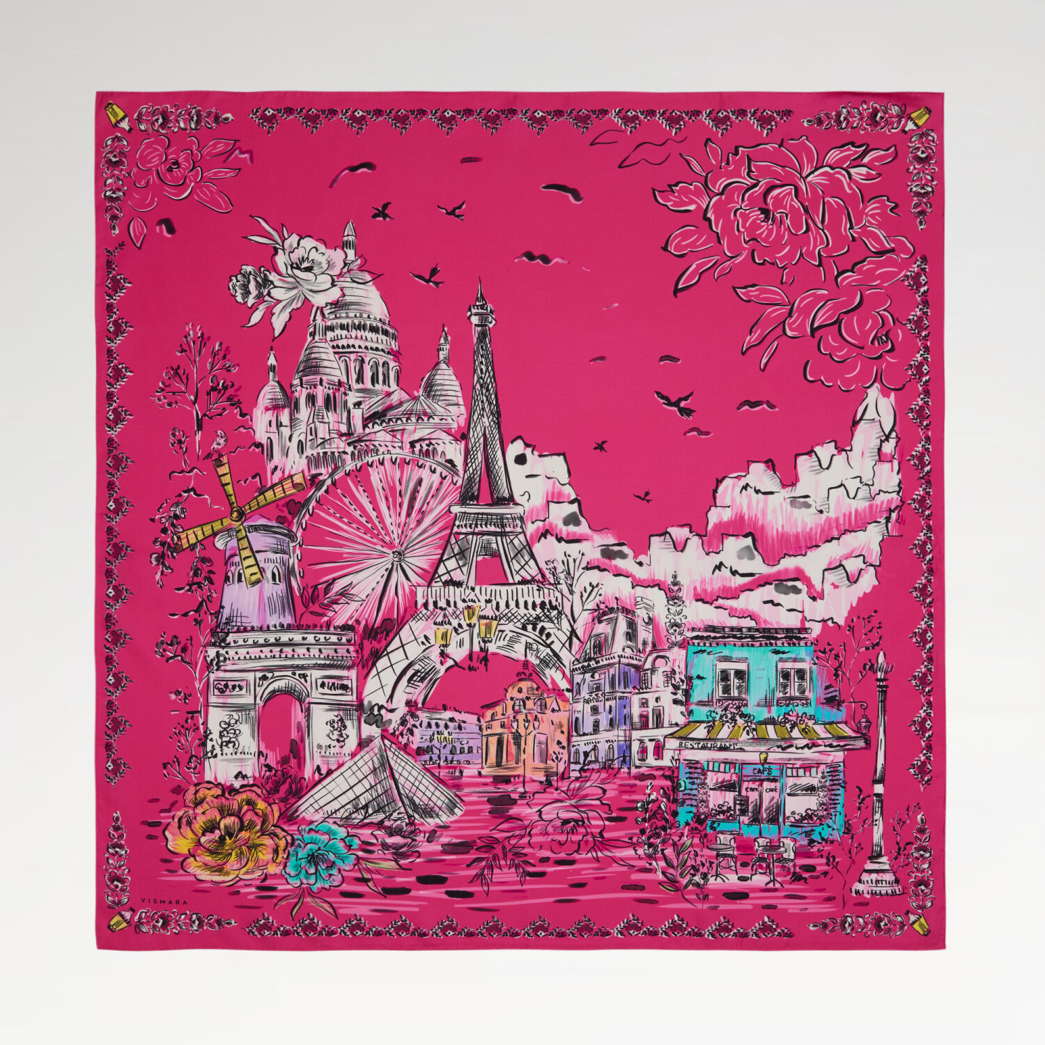 Fuşya Parisien Desenli Twill İpek Eşarp - 1