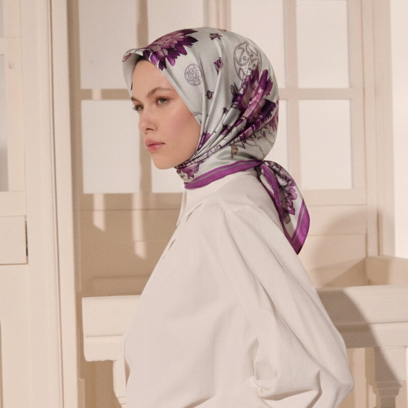 Fuşya Vismara Bahar Çiçeği Desenli Twill İpek Eşarp - 3