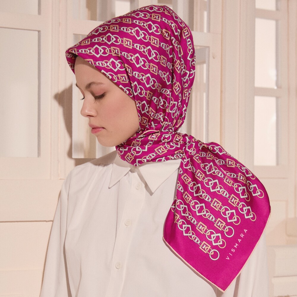 Fuşya Zincir Motif Desenli Twill İpek Eşarp - Vismara