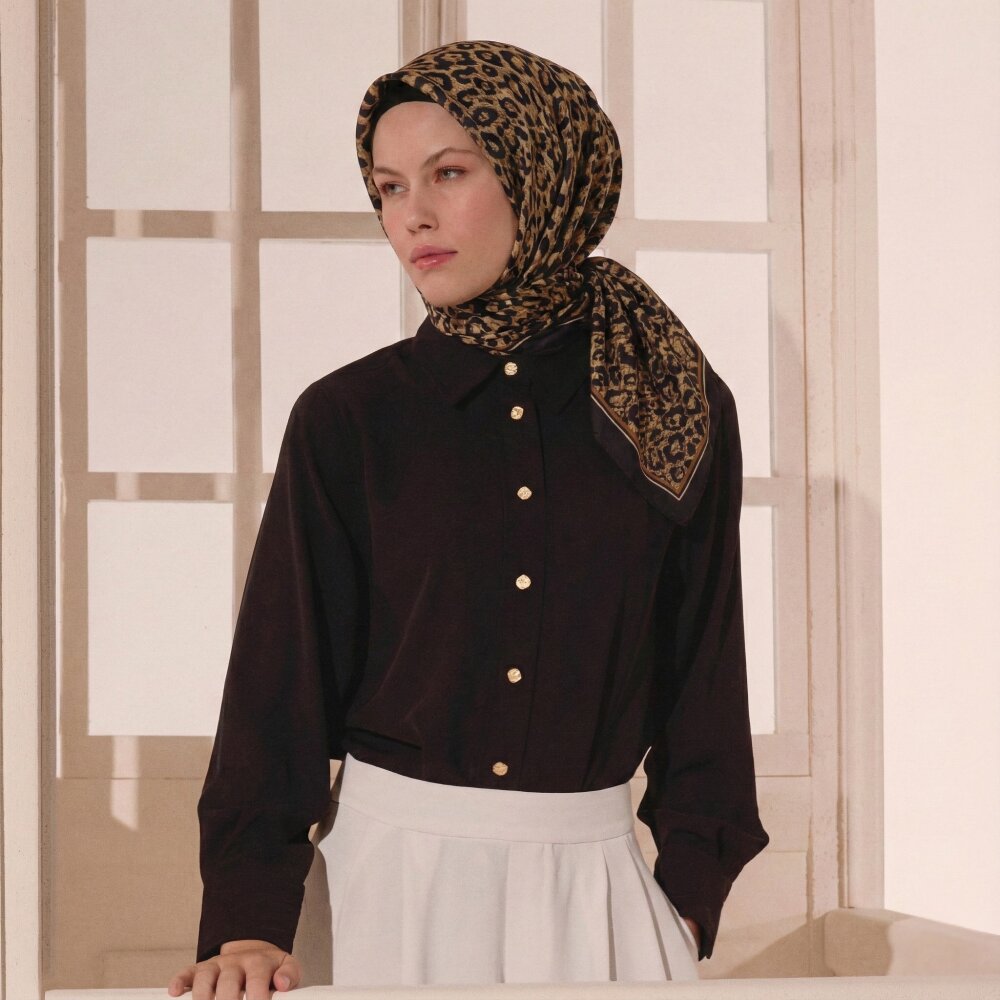 Gold Bulutsu Leopar Desen Twill İpek Eşarp - 3