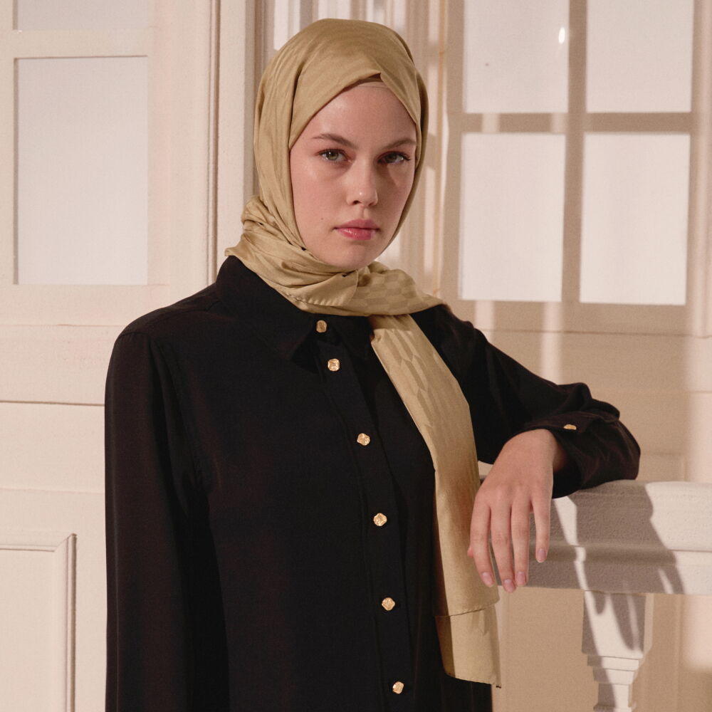 Gold Damla Desen Jakarlı Yün İpek Şal - Vismara