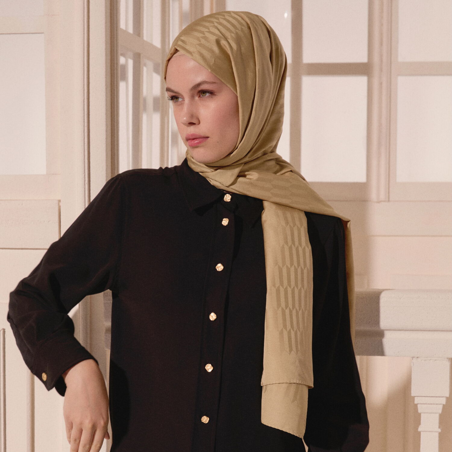 Gold Drop Pattern Jacquard Wool Silk Scarf - 6