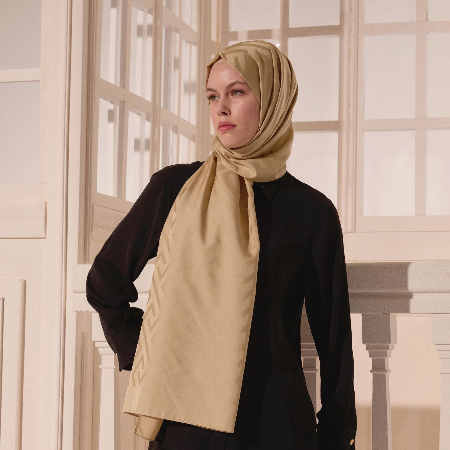 Gold G Pattern Jacquard Wool Silk Scarf - 6