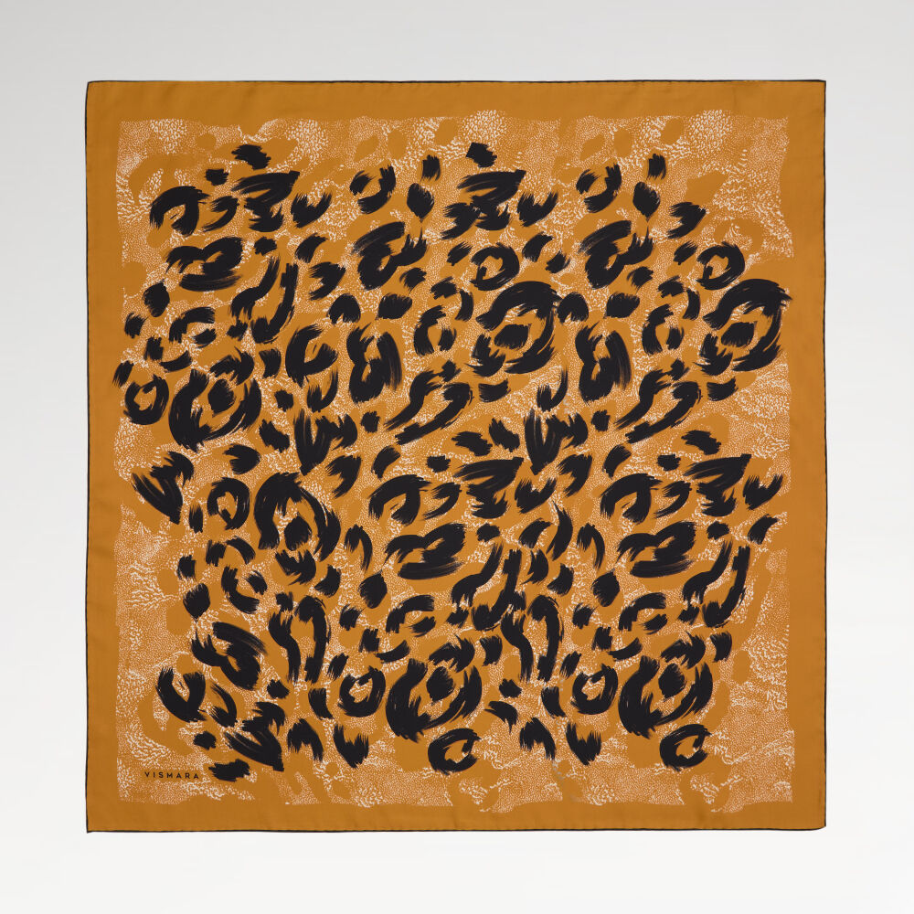 Gold Leopar Desenli Twill İpek Eşarp