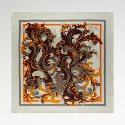 Gray and White Baroque Ivy Patterned Silk Square Scarf