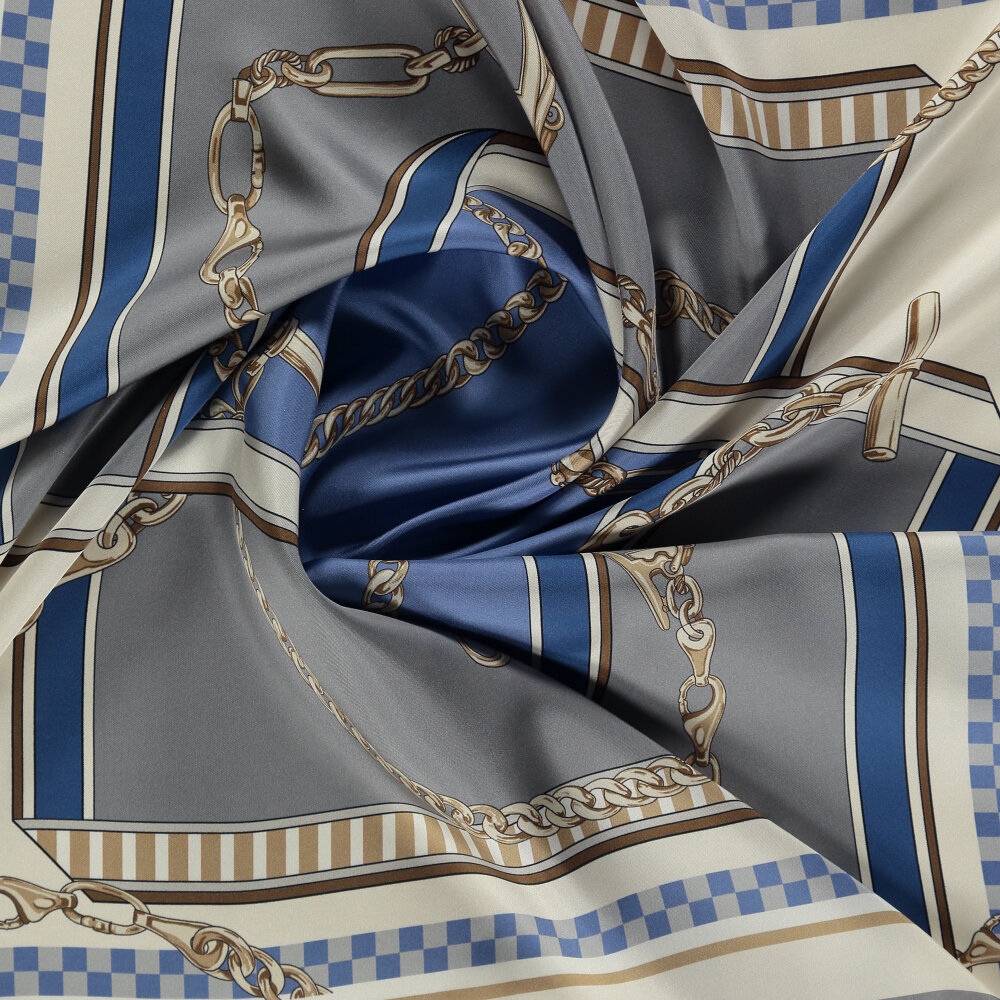 Gray Blue Chain Dance Patterned Silk Square Scarf - 2