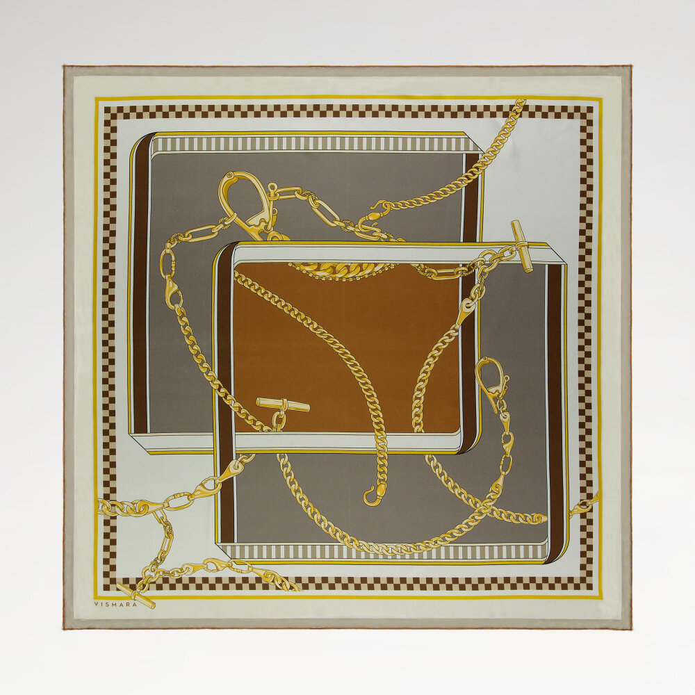 Gray Brown Chain Dance Patterned Silk Square Scarf - 1