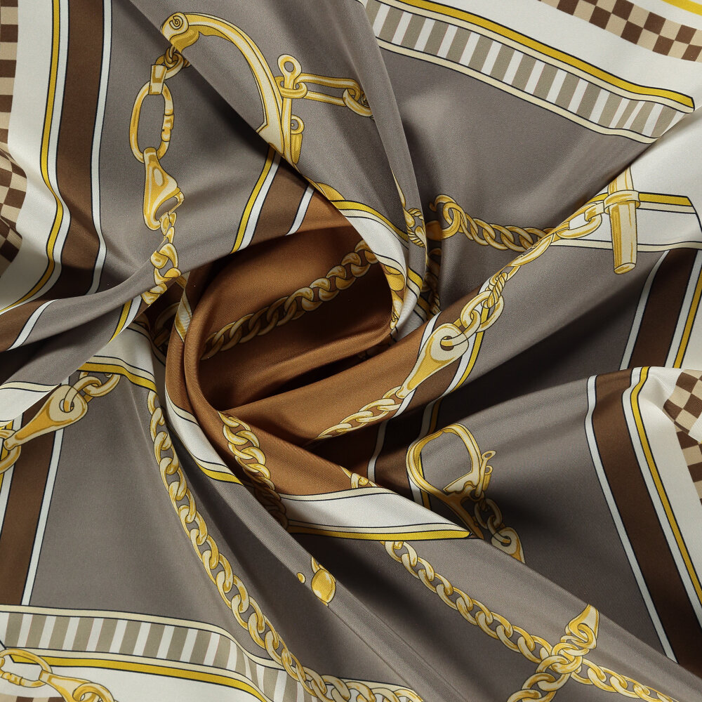 Gray Brown Chain Dance Patterned Silk Square Scarf - 2