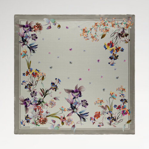 Gray Monogram Flower Garden Patterned Silk Square Scarf