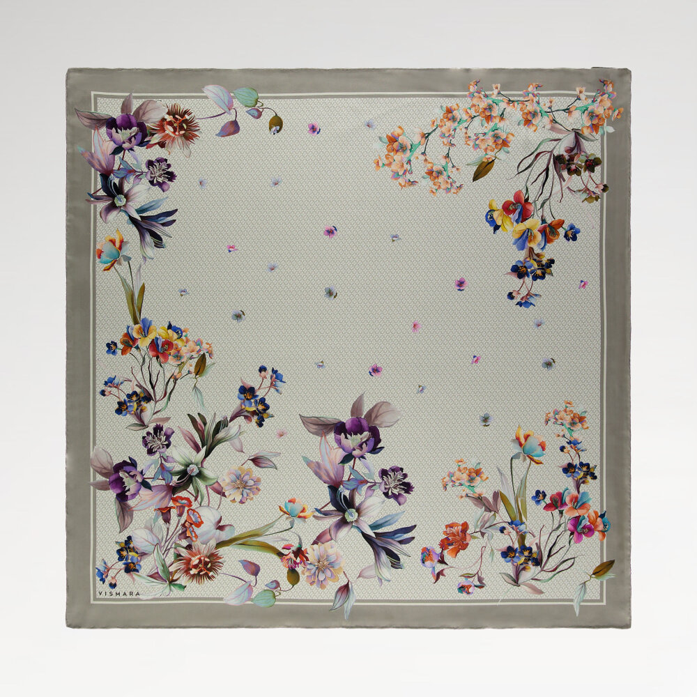 Gray Monogram Flower Garden Patterned Silk Square Scarf - 1
