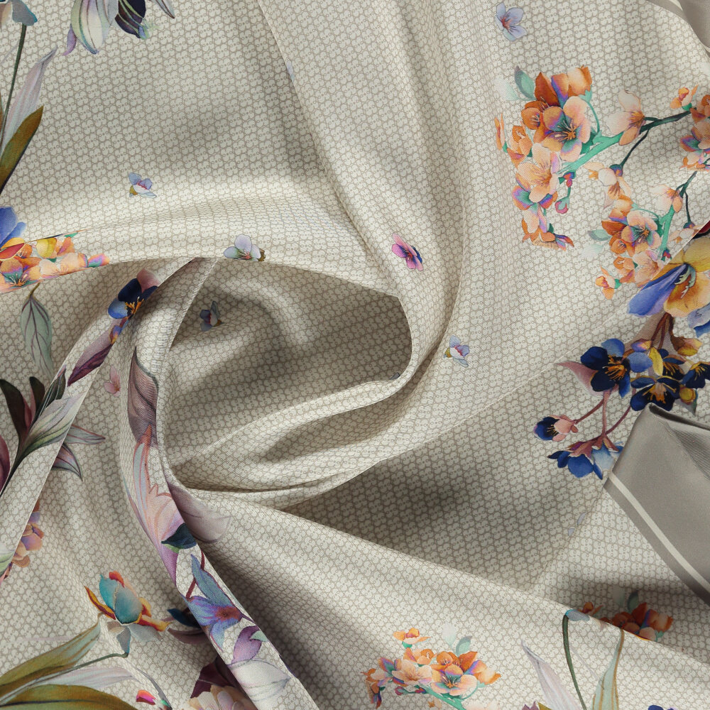 Gray Monogram Flower Garden Patterned Silk Square Scarf - 2