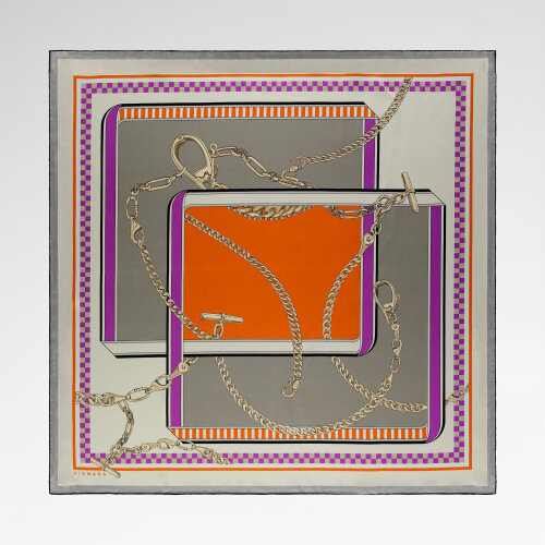 Gray Orange Chain Dance Patterned Silk Square Scarf