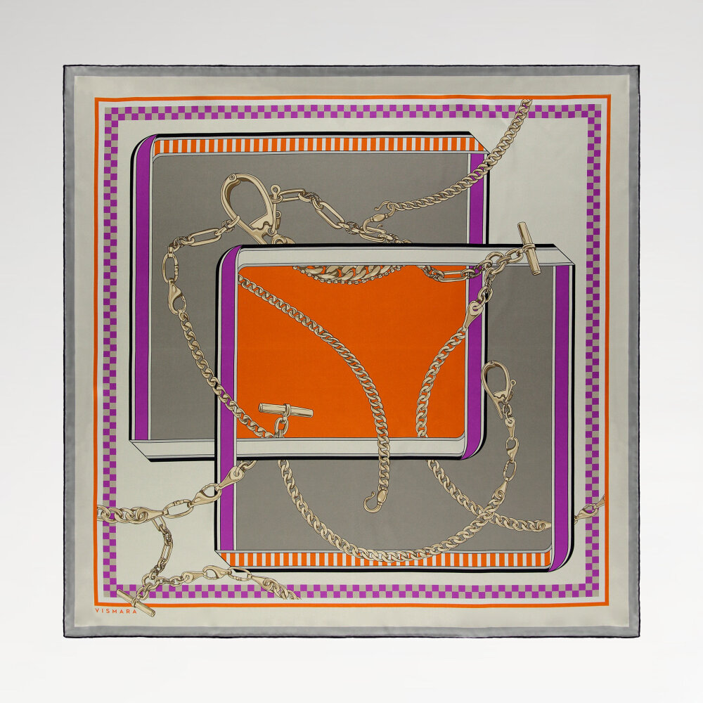 Gray Orange Chain Dance Patterned Silk Square Scarf - 1