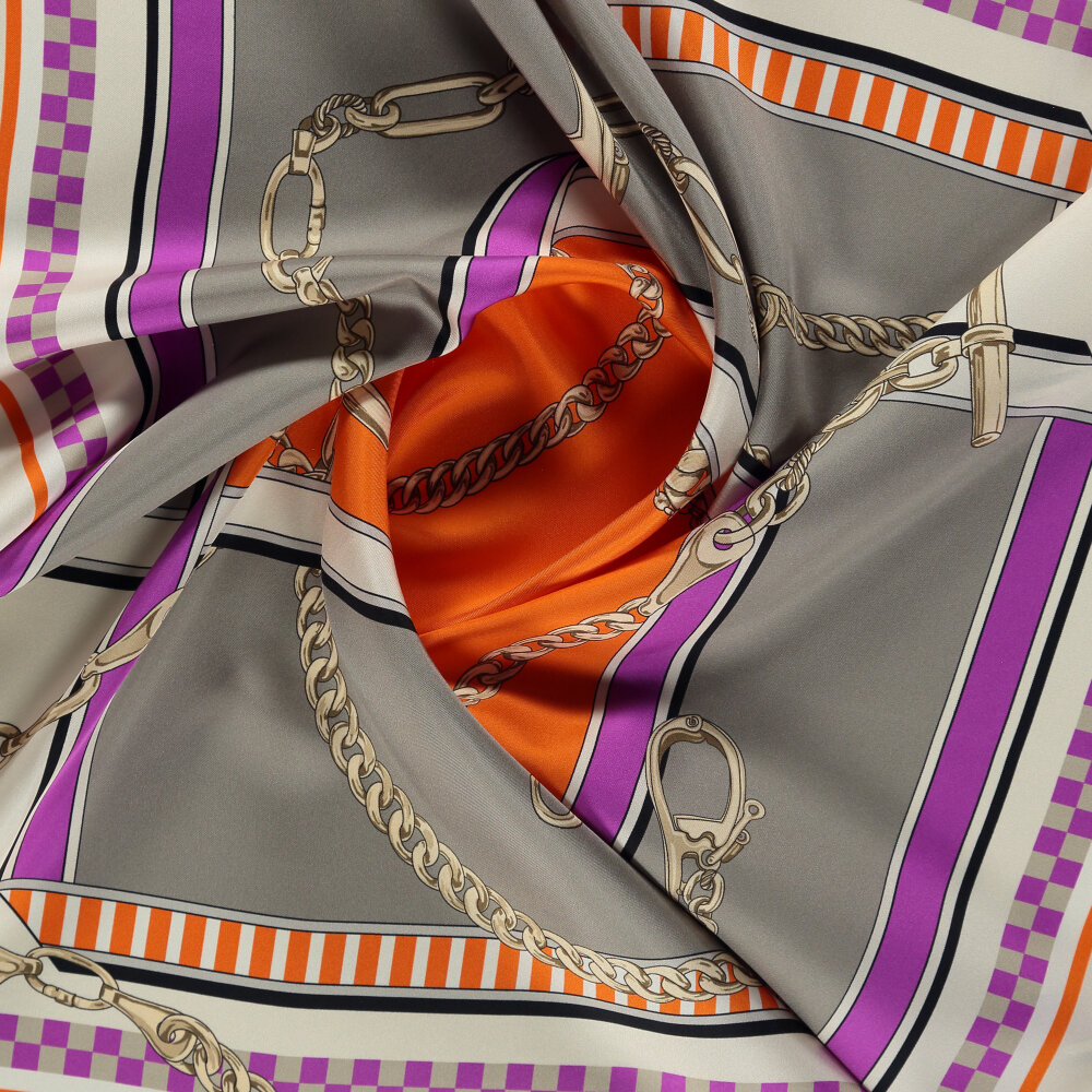 Gray Orange Chain Dance Patterned Silk Square Scarf - 2