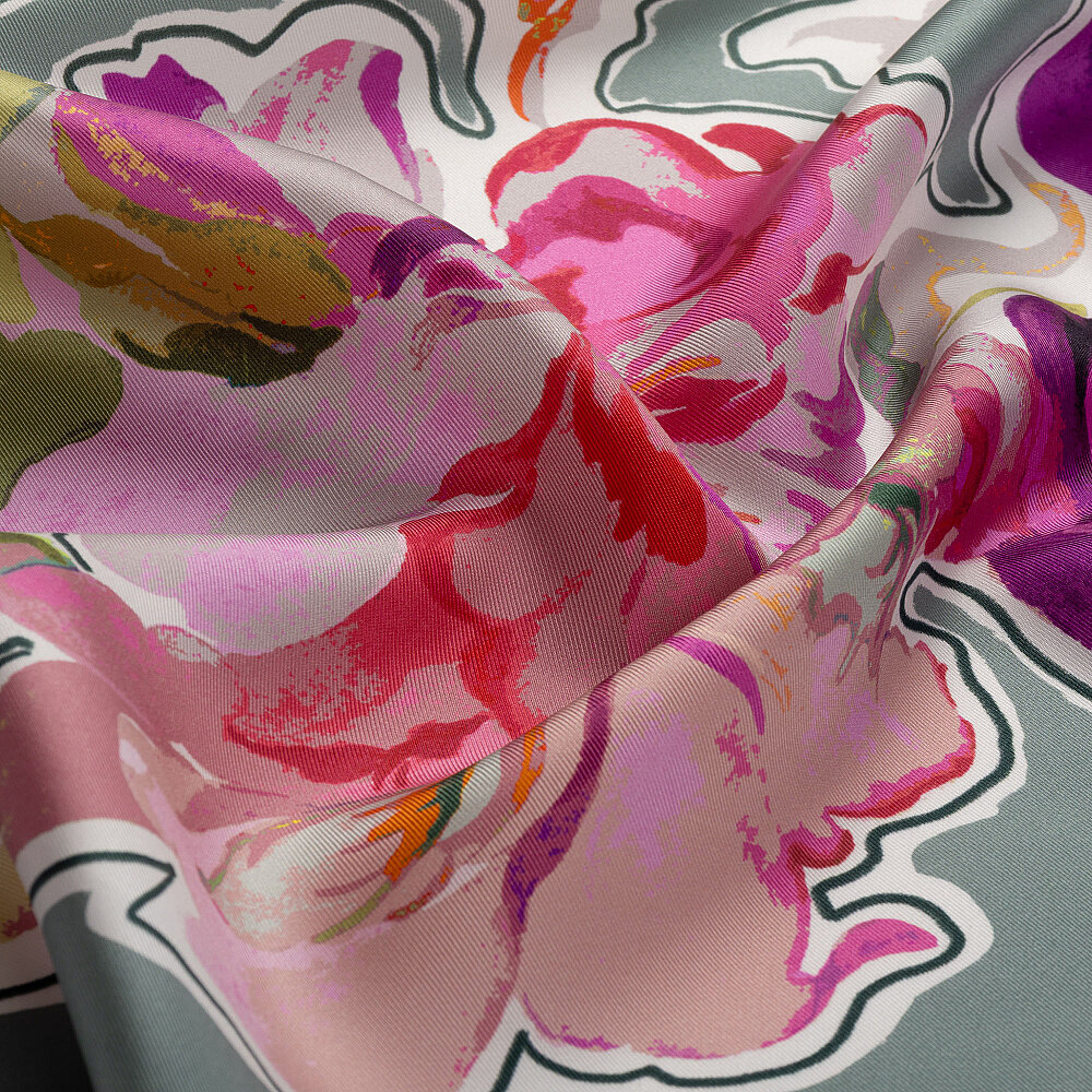 Green Abstract Flora Pattern Twill Silk Square Scarf - 2