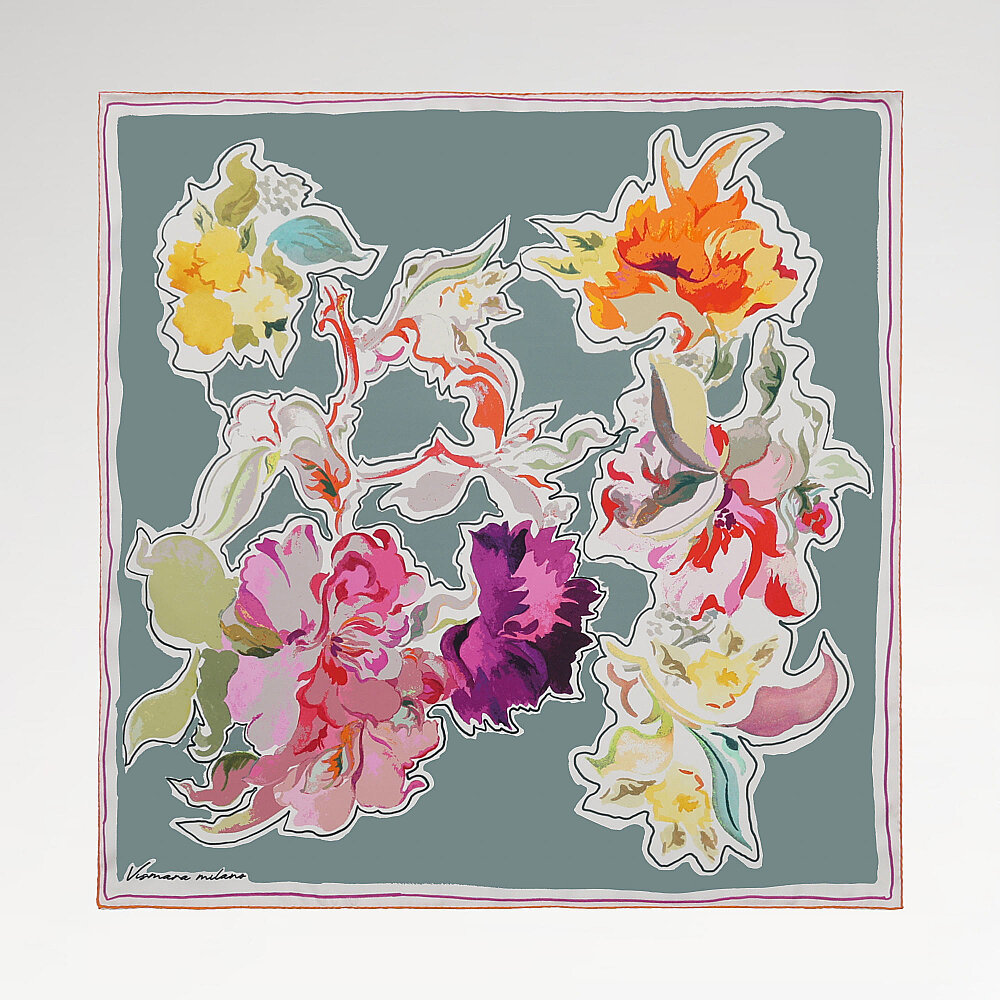 Green Abstract Flora Pattern Twill Silk Square Scarf - 1