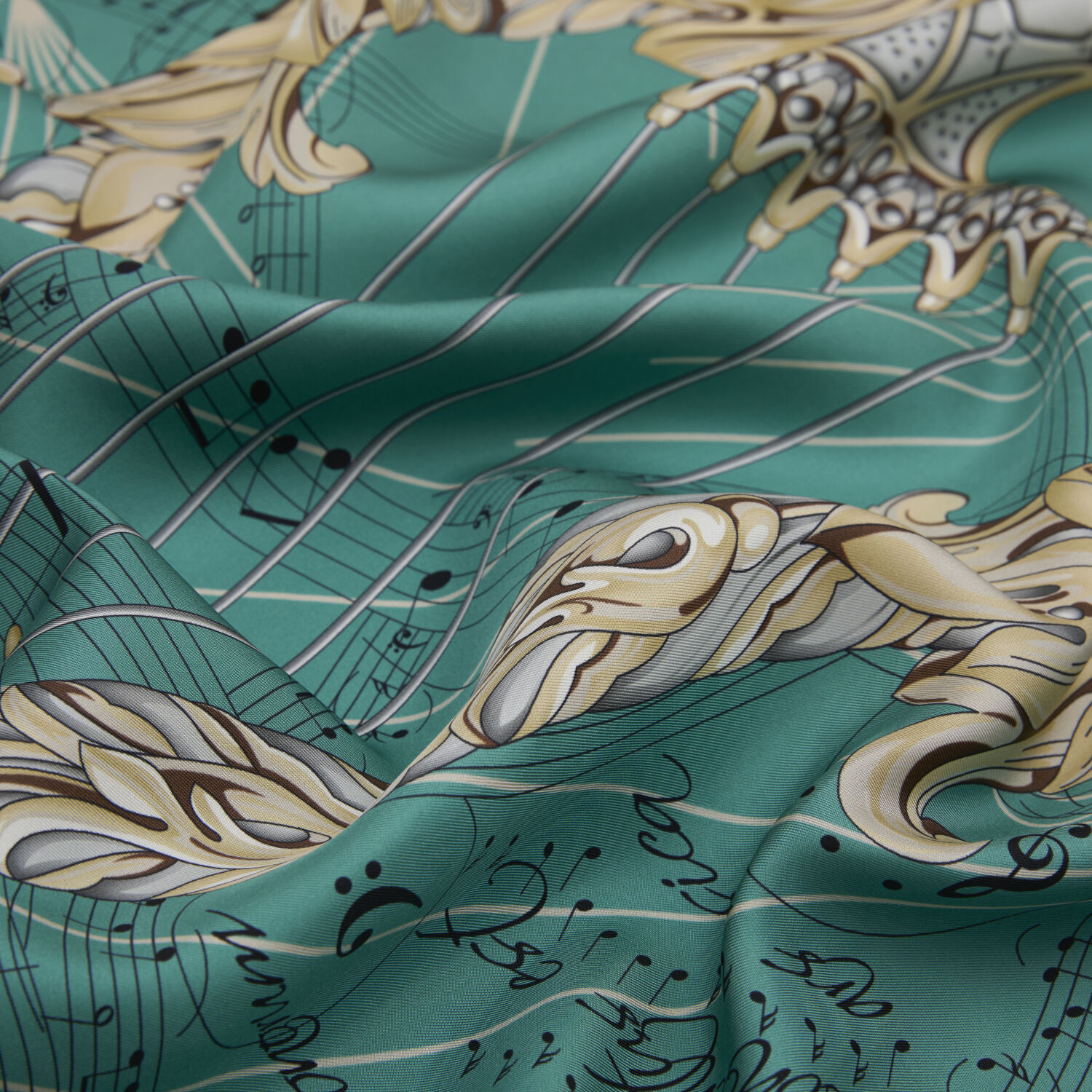 Green Antique Lyre Pattern Twill Silk Square Scarf - 2