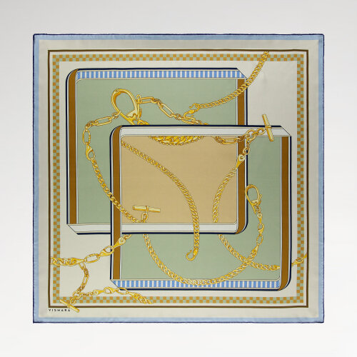 Green Beige Chain Dance Patterned Silk Square Scarf