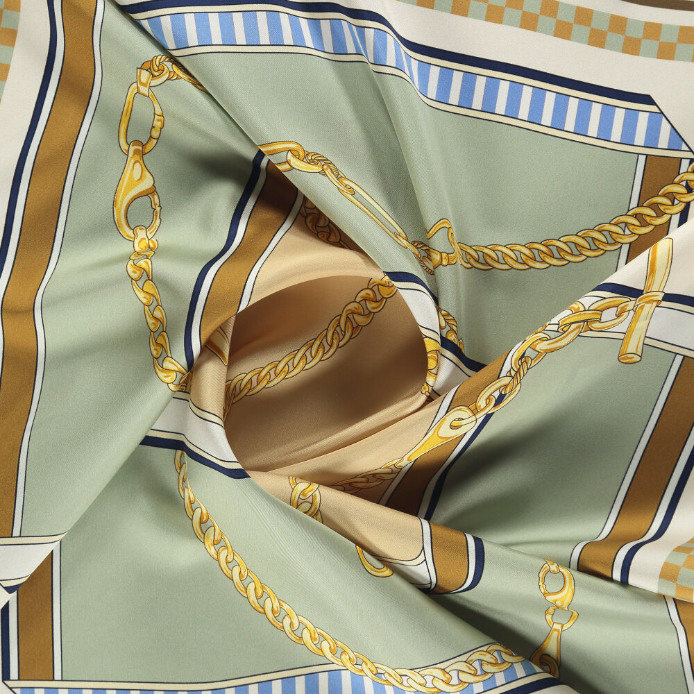 Green Beige Chain Dance Patterned Silk Square Scarf - 2