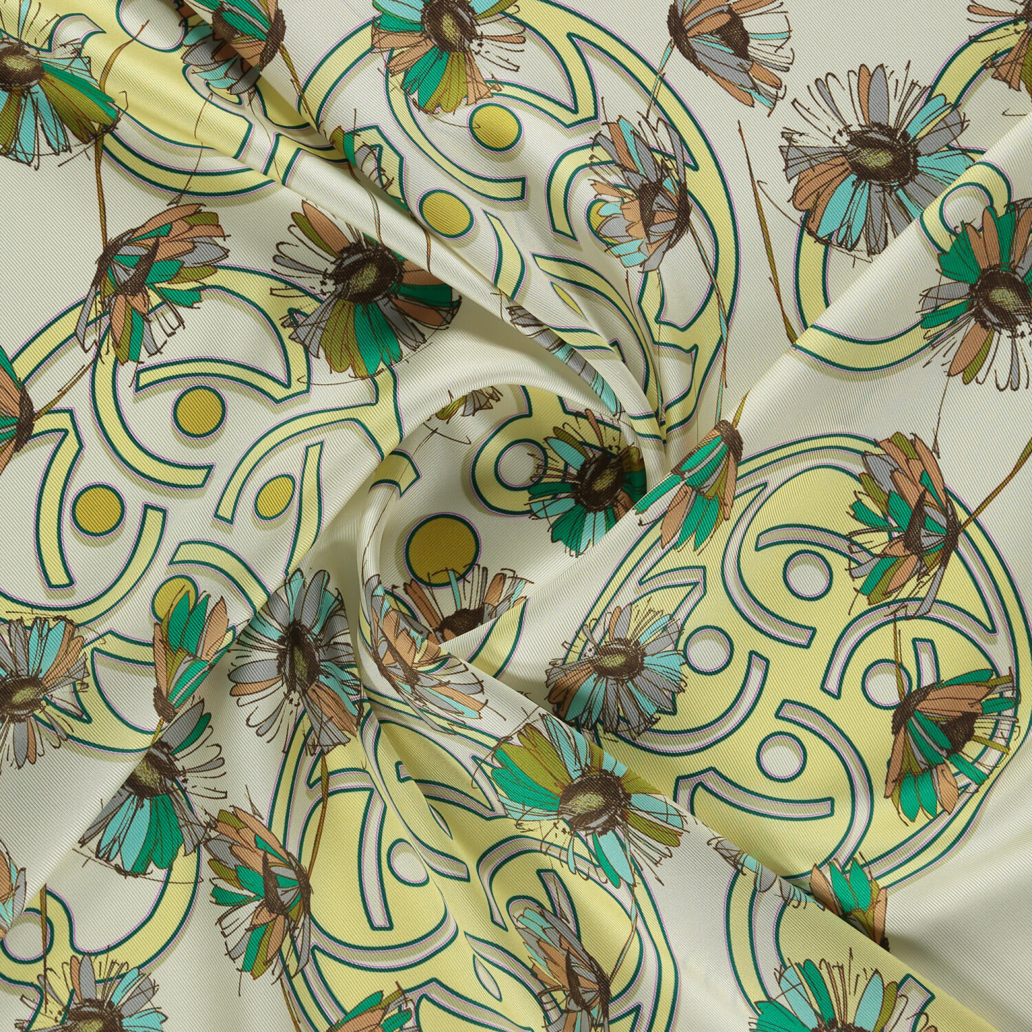 Green Daisyne Pattern Twill Silk Square Scarf - 2