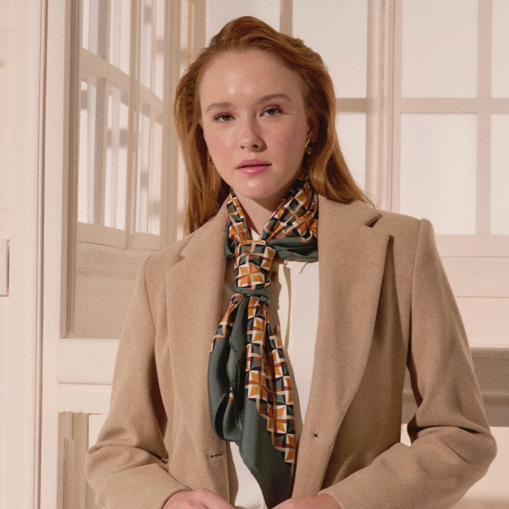 Green Diamond Line Retro Pattern Twill Silk Square Scarf - Vismara