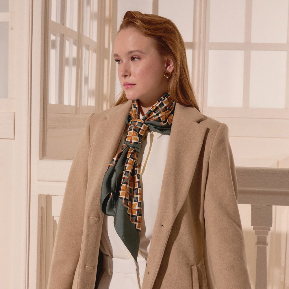 Green Diamond Line Retro Pattern Twill Silk Square Scarf - Vismara