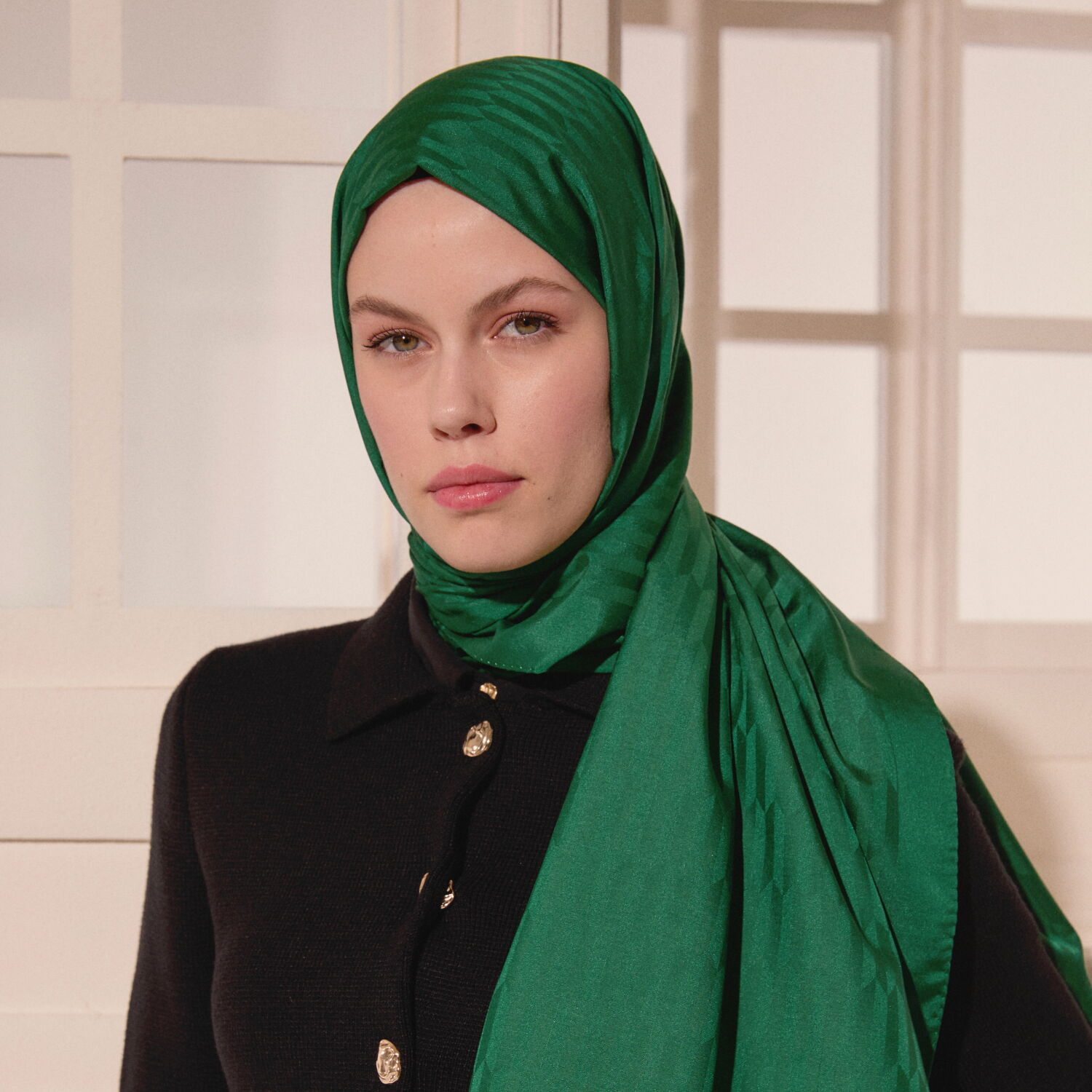 Green Drop Pattern Jacquard Wool Silk Scarf - 3