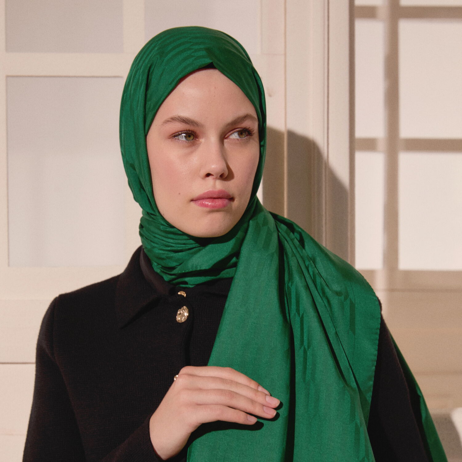 Green Drop Pattern Jacquard Wool Silk Scarf - 4
