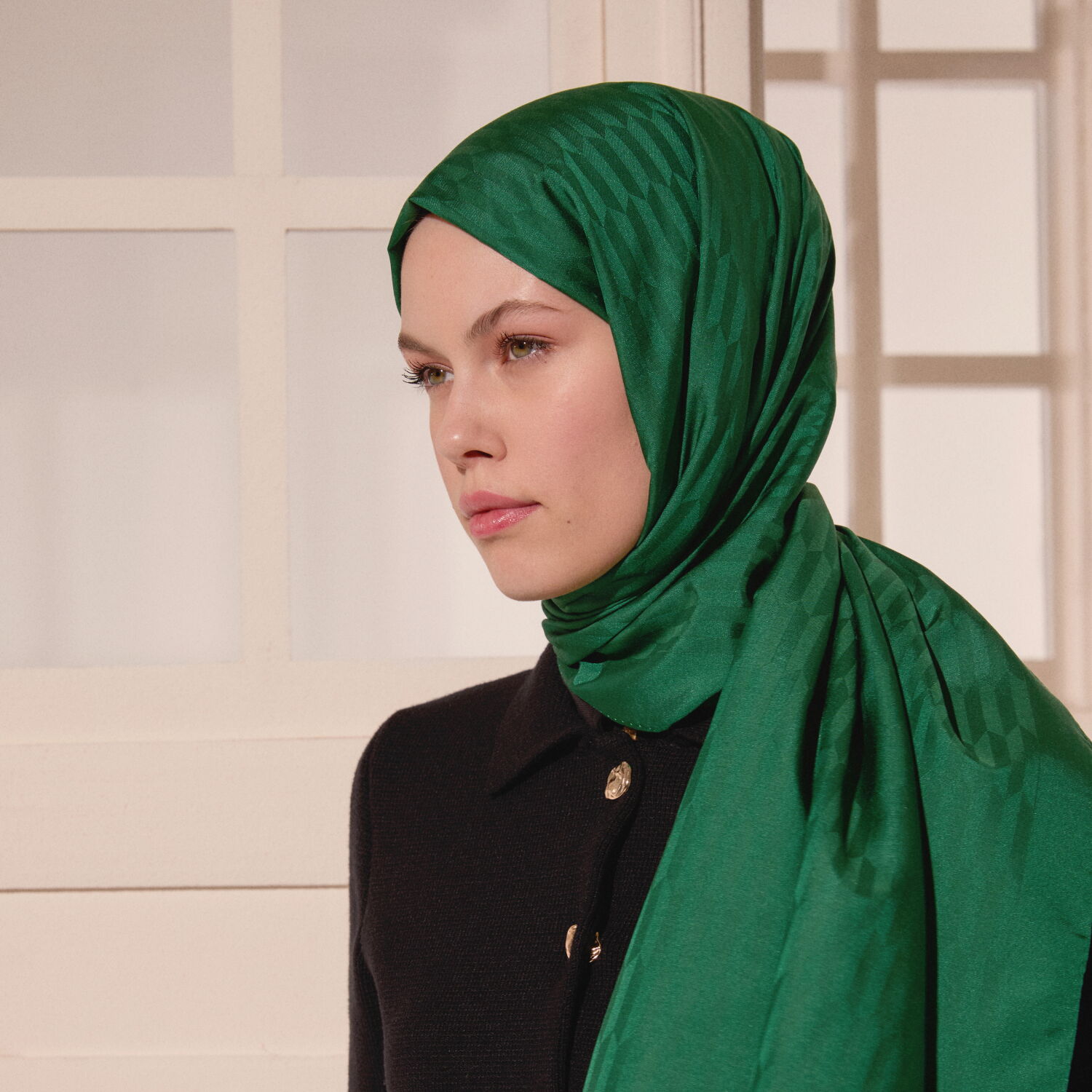 Green Drop Pattern Jacquard Wool Silk Scarf - 5