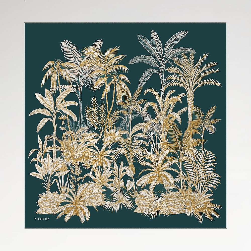 Green Exotic Oasis Patterned Twill Silk Square Scarf - 1