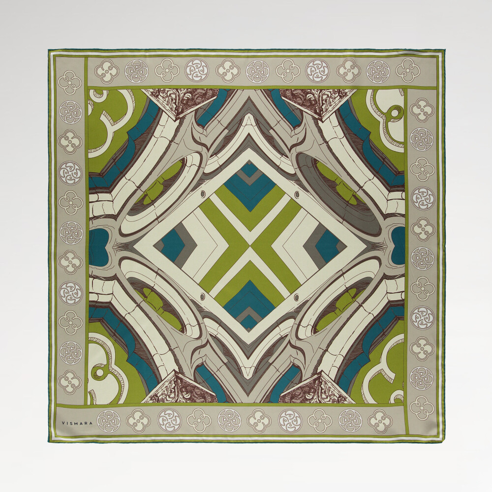 Green Linear Columns Patterned Twill Silk Square Scarf