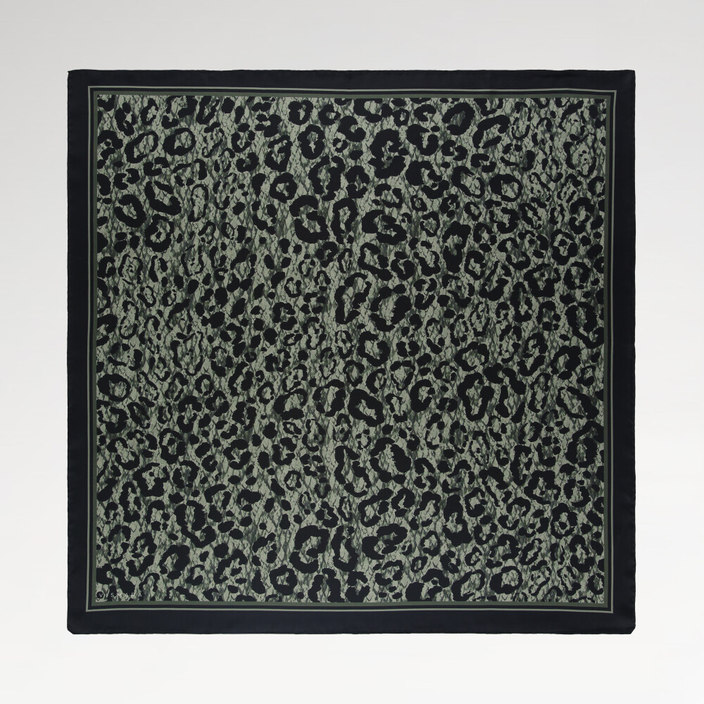 Green Cloudy Leopard Pattern Twill Silk Square Scarf