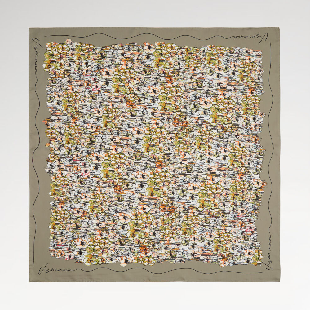 Green Spring Flower Patterned Twill Silk Square Scarf