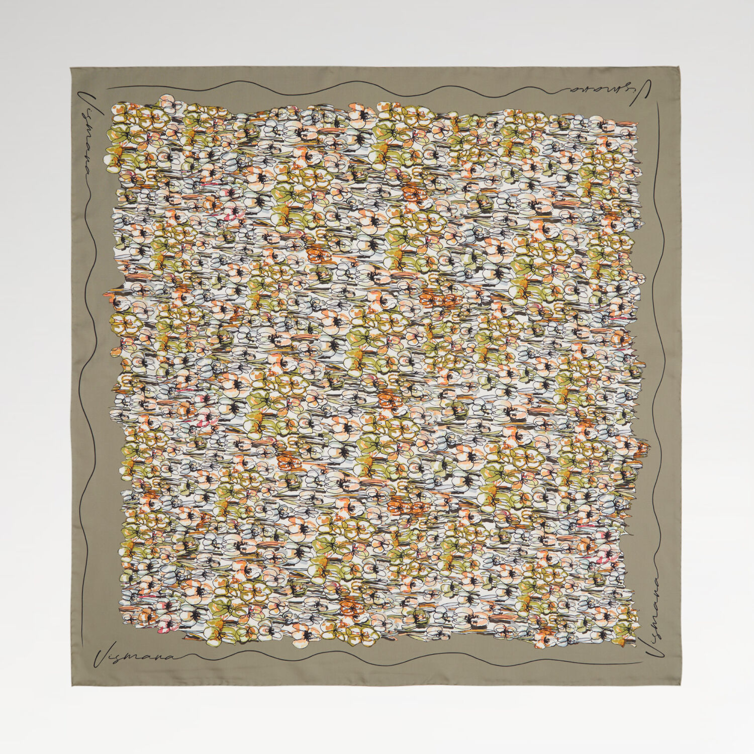 Green Spring Flower Patterned Twill Silk Square Scarf - 1