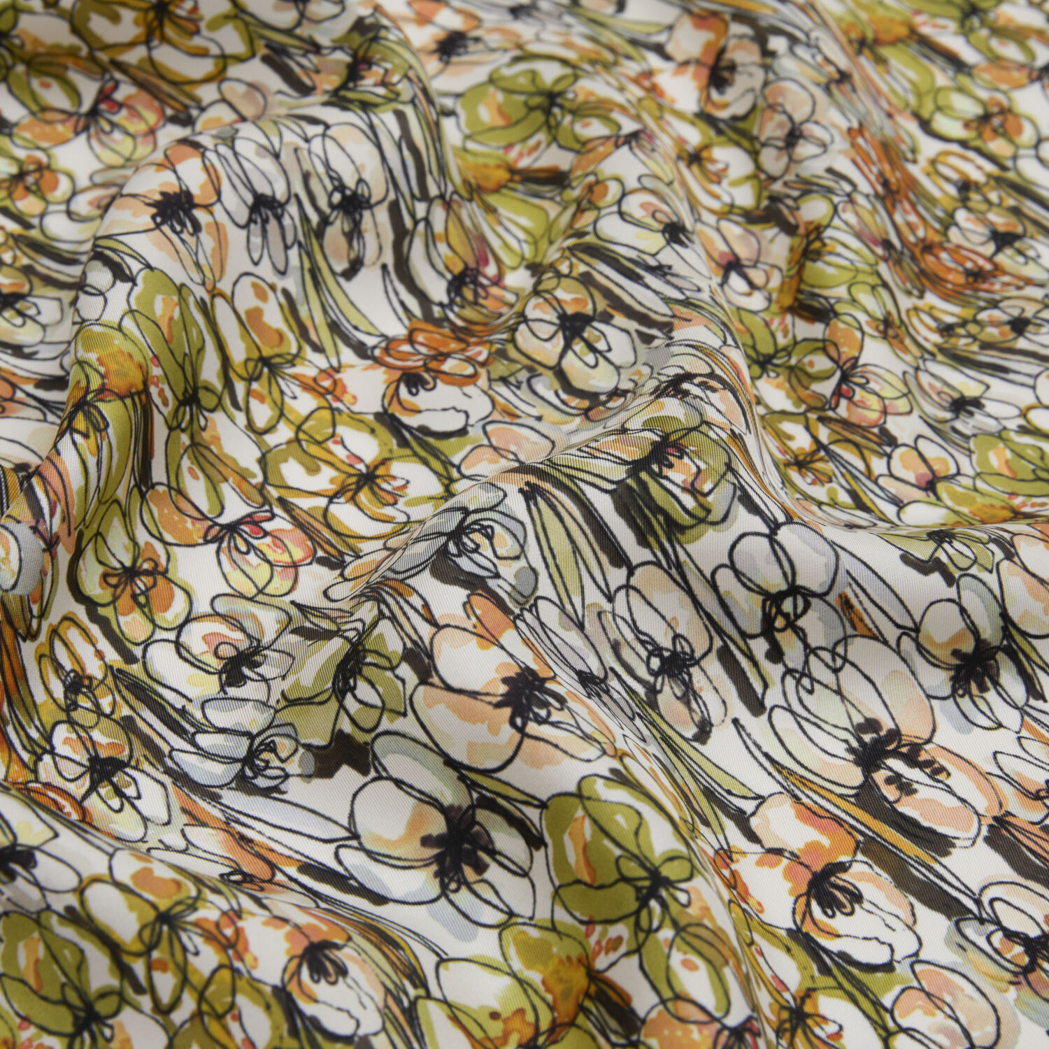 Green Spring Flower Patterned Twill Silk Square Scarf - 2