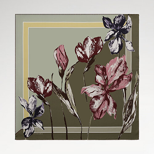 Green Vismara Camelia Patterned Twill Silk Square Scarf