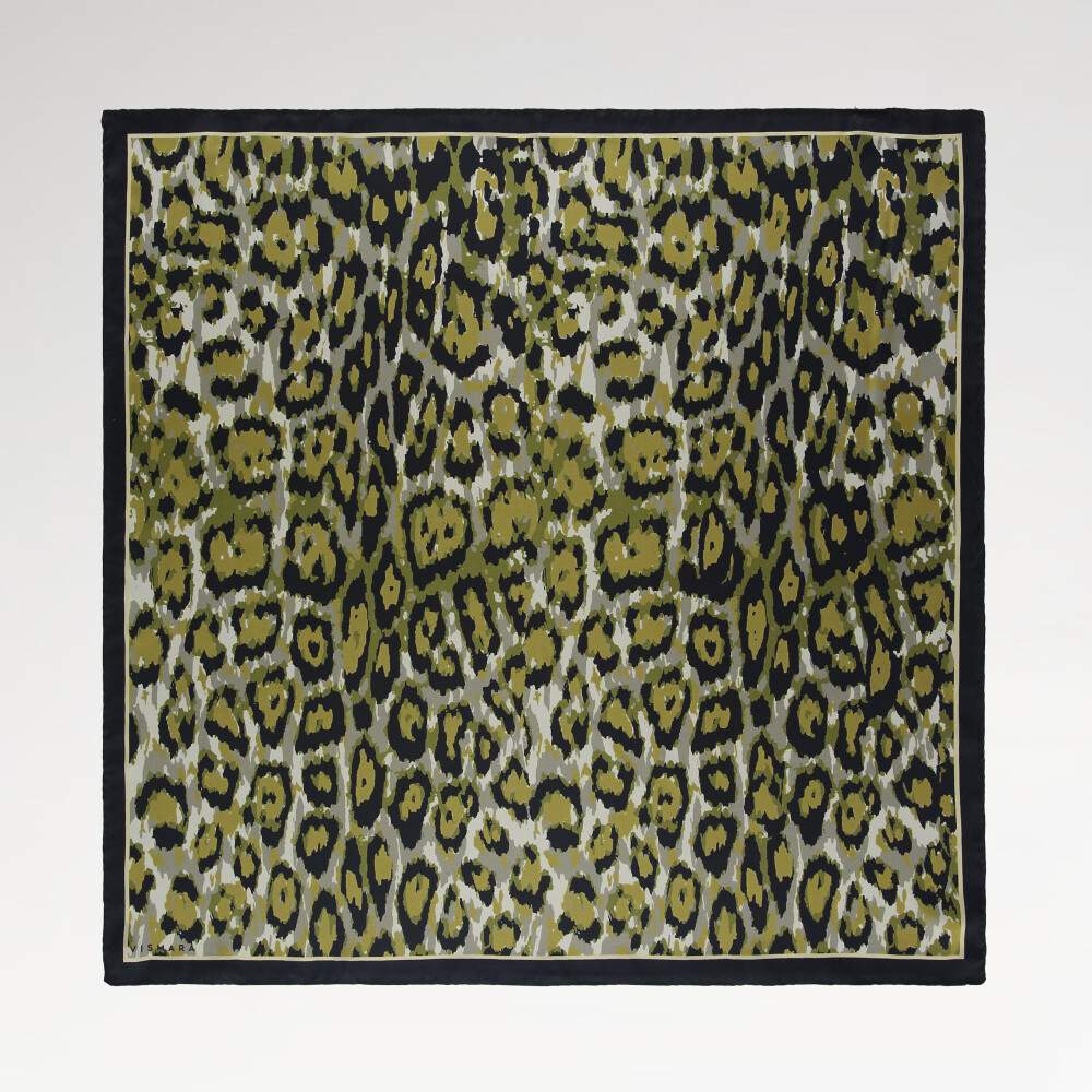 Green Vismara Leopard Pattern Twill Silk Square Scarf