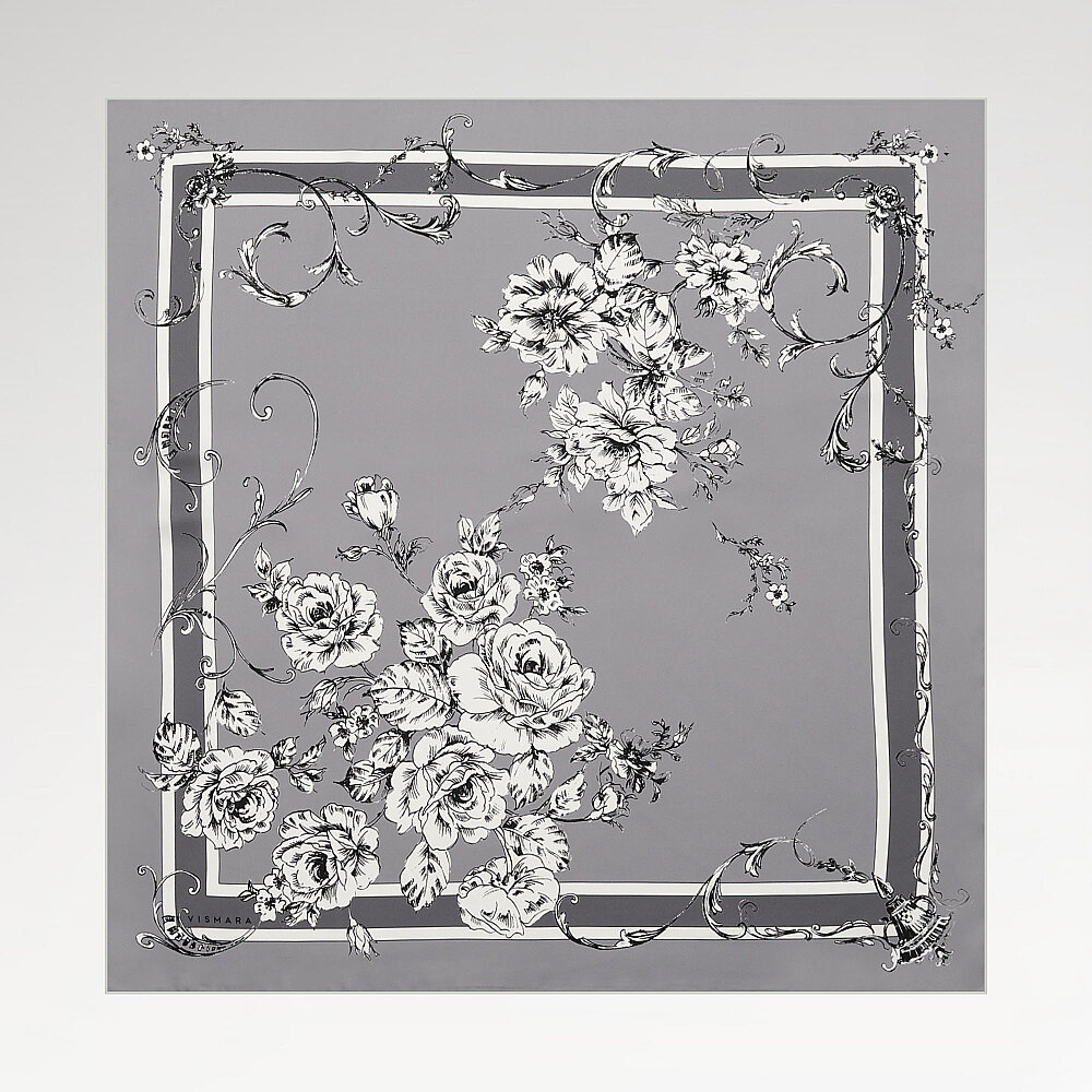 Grey Baroque Rose Patterned Twill Silk Square Scarf - 1