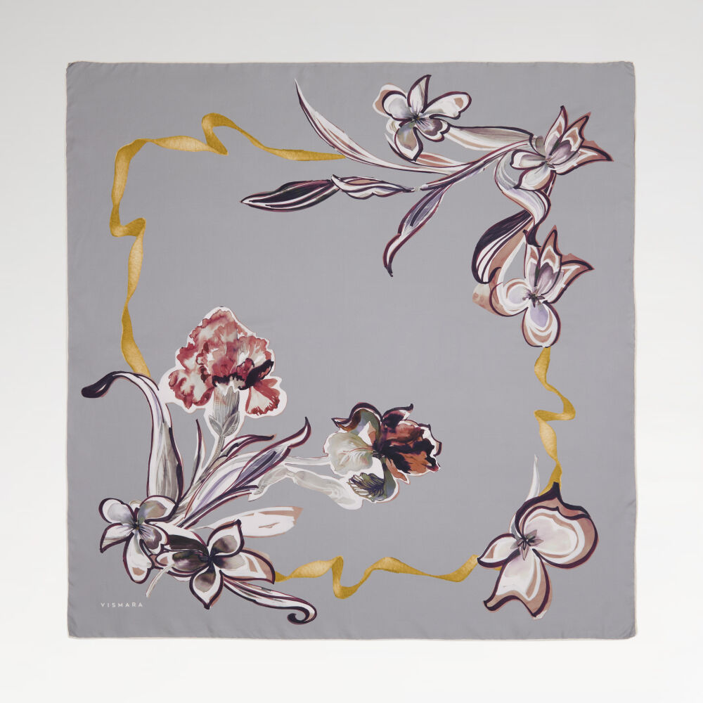 Grey Carnation and Lily Flower Patterned Twill Silk Square Scarf