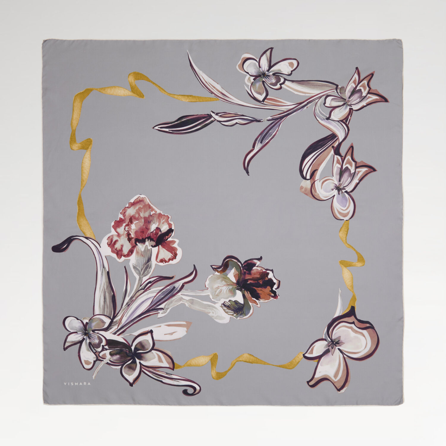 Grey Carnation and Lily Flower Patterned Twill Silk Square Scarf - 1