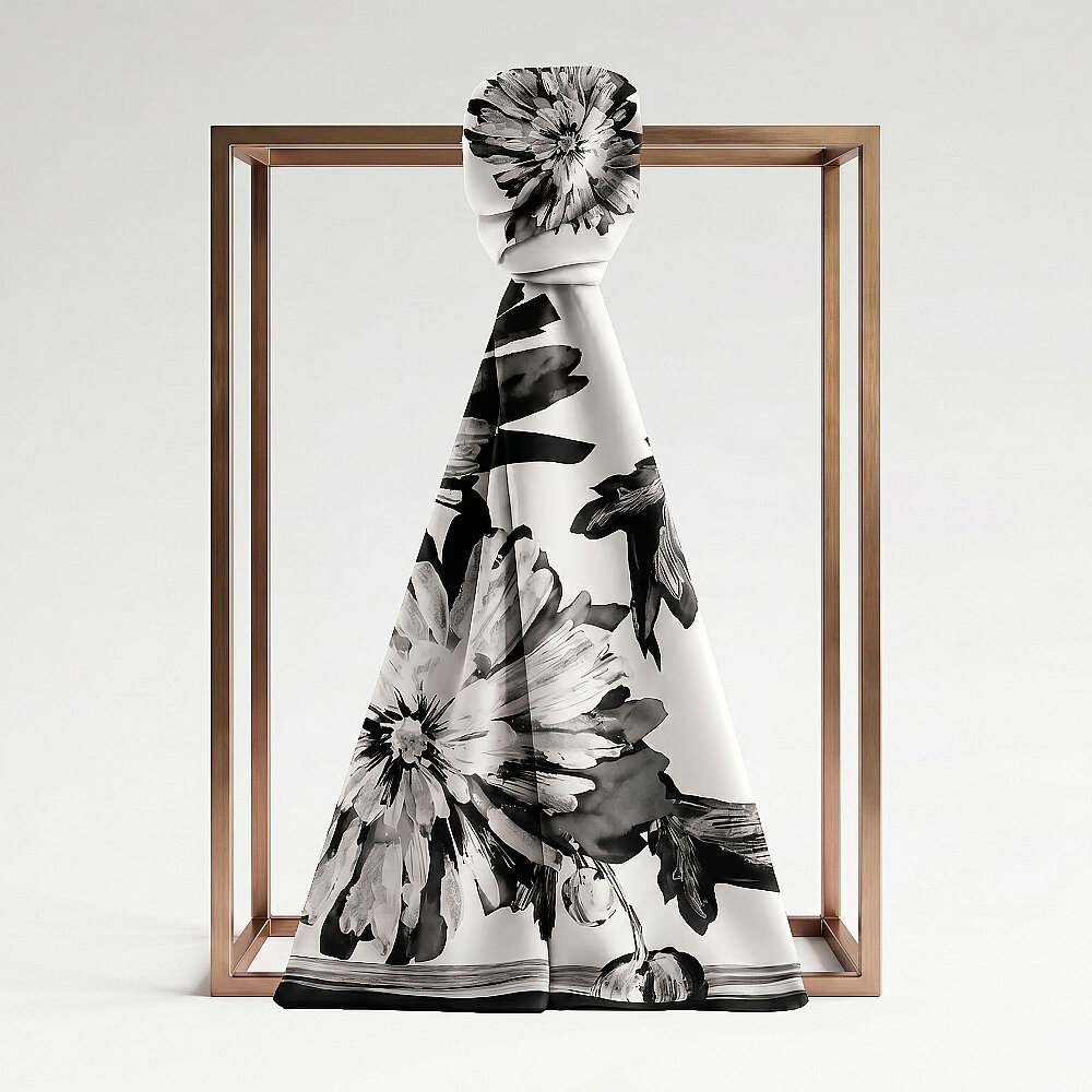 Grey Chrysanthemum Breeze Patterned Silk Scarf - 1